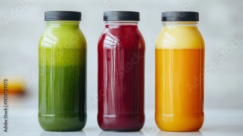Three Bottles of Colorful Fresh Juice on White Background