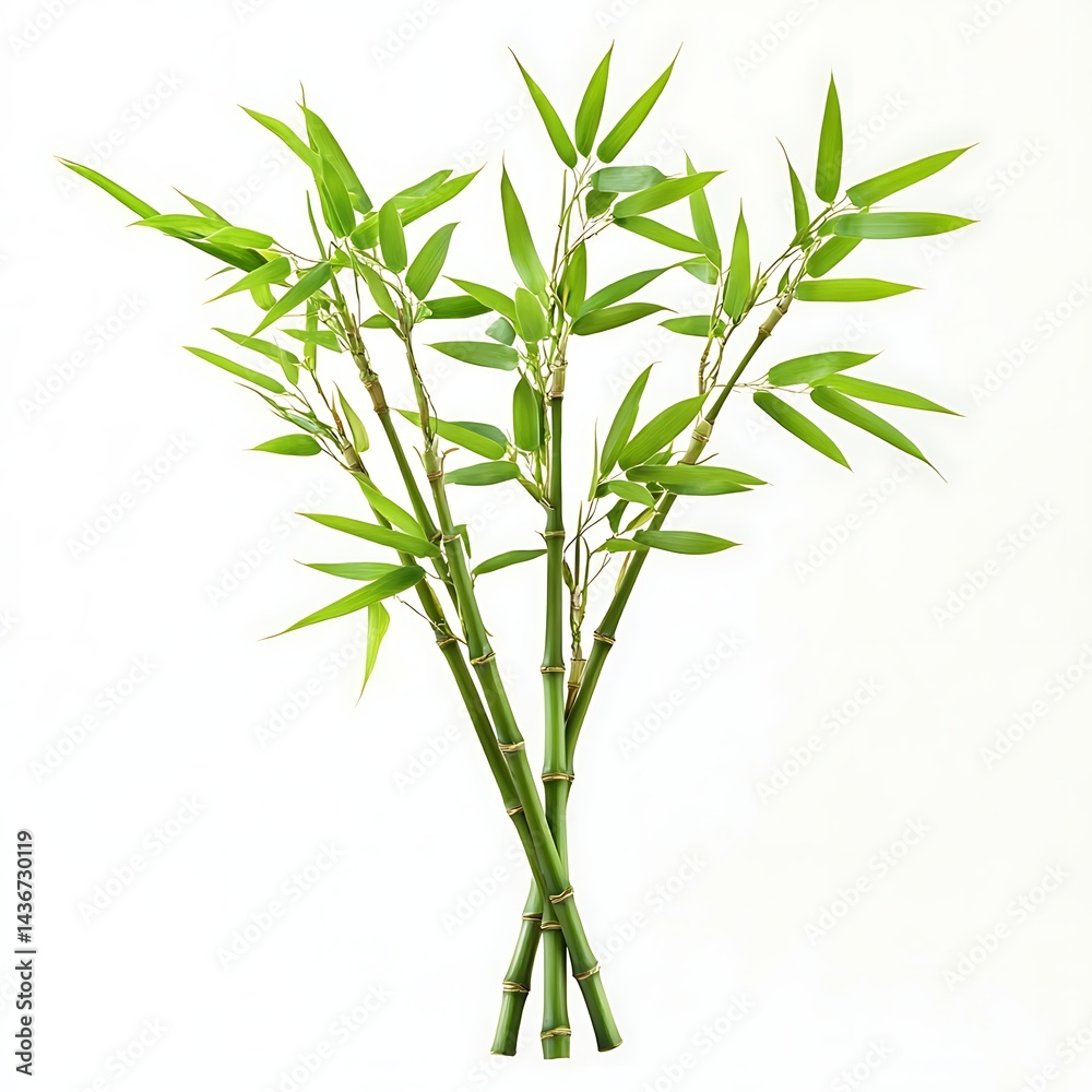 Fototapeta premium Lush green bamboo stalks and foliage against a white backdrop.