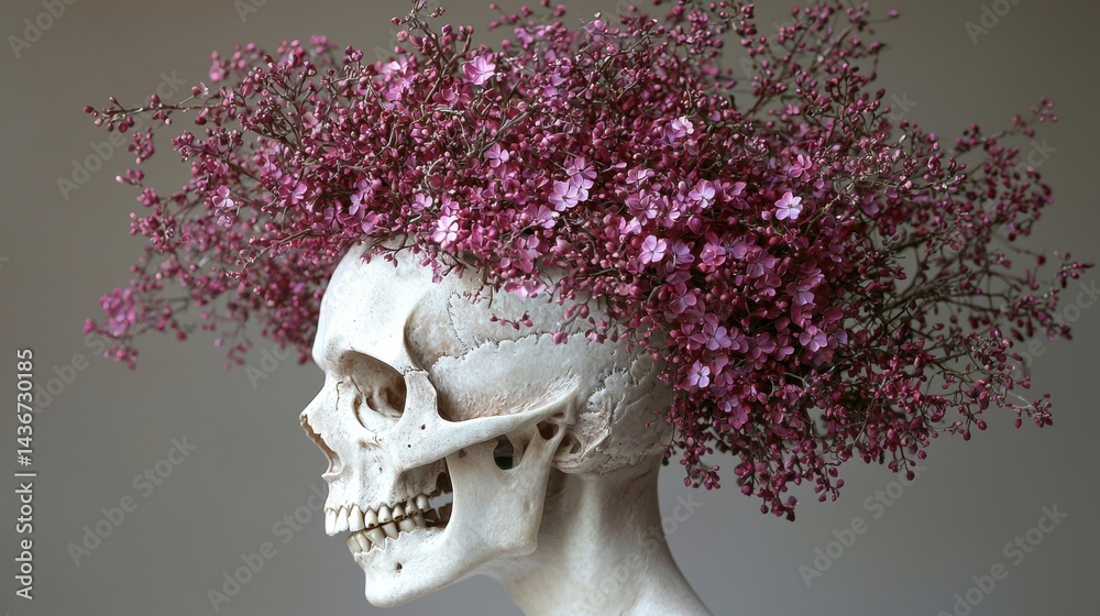 Naklejka premium Skull Decorated with Vibrant Pink Flowers for Artistic Concept