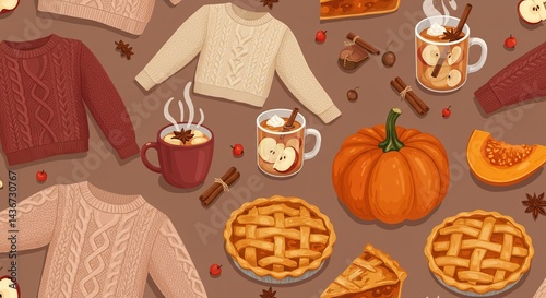 Autumn Cozy Seamless Pattern Knitwear Pumpkin Pie Apple Cider Fall Vibes