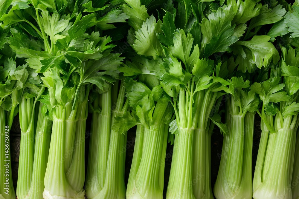 Fototapeta premium Fresh celery stalks arranged neatly against a simple backdrop for culinary exploration and healthy eating