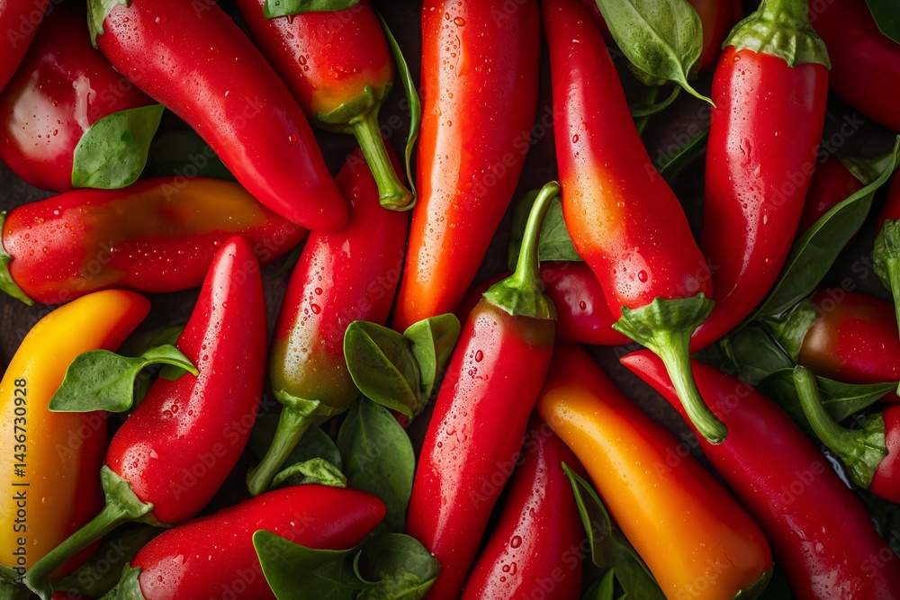 Fresh chili peppers with vibrant colors creating an appetizing display in a kitchen setting Fresh chili peppers with vibrant colors creating an appetizing display in a kitchen setting