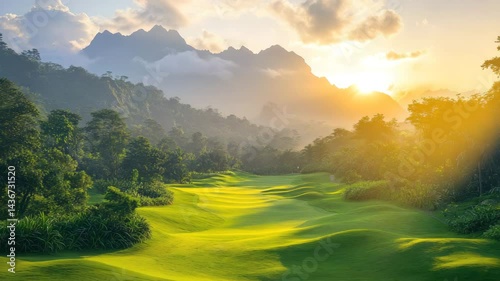 Scenic Golf Course at Sunset with Tropical Greenery 