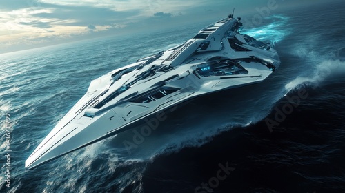 Futuristic warship sailing through turbulent waters.  Advanced, sleek design with intricate details.  Powerful propulsion systems