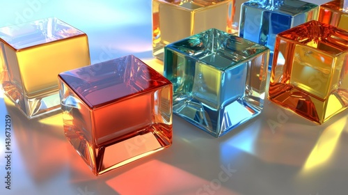 Colorful Glass Cubes on Reflective Surface