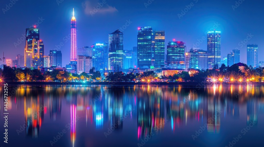 Fototapeta premium Vibrant cityscape reflected in tranquil lake at night