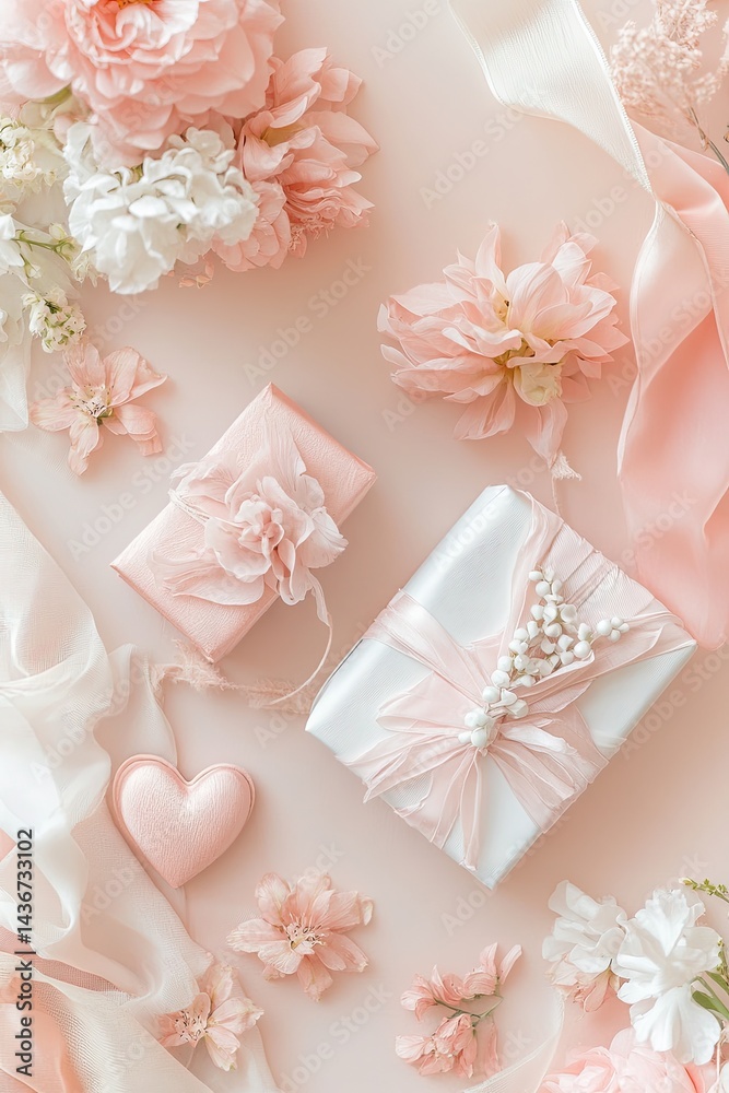 Delicate Pink Gift Wrapping Arrangement. A soft and elegant arrangement of pink and white gifts, flowers, and ribbons. The gifts are beautifully wrapped in blush pink and ivory fabrics, Delicate Pink Gift Wrapping Arrangement. A soft and elegant arrangement of pink and white gifts, flowers, and ribbons. The gifts are beautifully wrapped in blush pink and ivory fabrics,