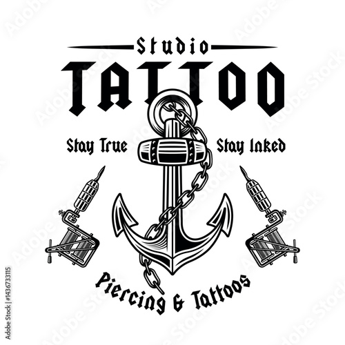 Vintage tattoo studio emblem with anchor and tattoo machines in monochrome style. Perfect for tattoo shop branding, apparel, stickers, and retro style designs. Nautical theme with bold detailing