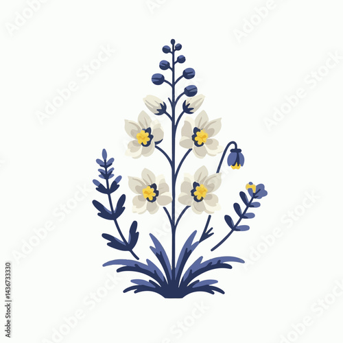 larkspur, flower, blossom, plant, floral, botanical, nature, isolated, illustration, drawing, hand drawn, marigold, graphic, garden, daffodil, vector, rose, art, design, set, summer, background, daisy