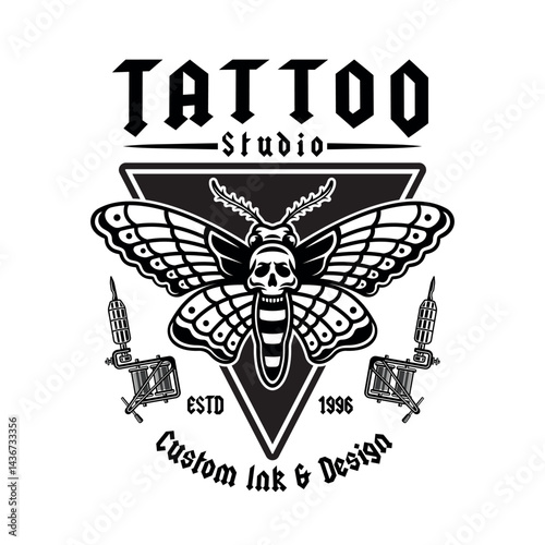 Vintage tattoo studio emblem with moth and tattoo machine. Classic blackwork vector illustration in gothic and old school style. Perfect for tattoo designs, prints, and artistic compositions