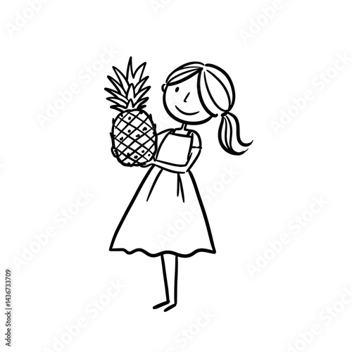 Happy girl holding a pineapple in a fun doodle style  