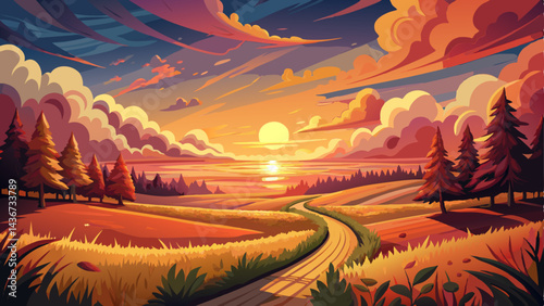 Magnificent Sunset Illuminates a Vast Autumn Field with Radiant Sky and Meandering Path Creating a Serene and Awe-Inspiring Landscape Scene