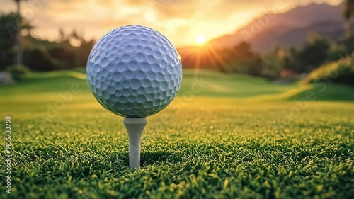 Golf ball on tee at sunrise, close-up on green field, 