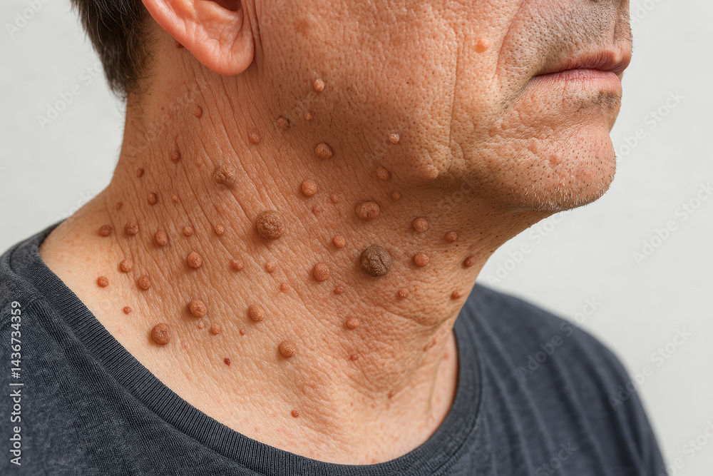 Obraz premium Middle-aged caucasian man with skin warts and papillomas on neck. concept of dermatology, skin condition awareness, medical examination