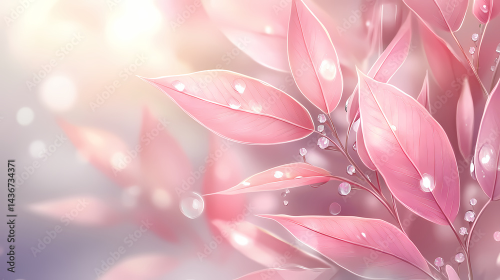 Fototapeta premium Delicate pink leaves glistening with droplets, capturing the essence of nature's beauty in a soft, dreamy atmosphere. Umbra Bloom. Illustration