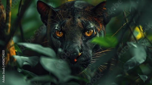 Stealthy fossa stalking prey through the dense jungle sleek muscular body intense amber eyes glowing in the undergrowth
