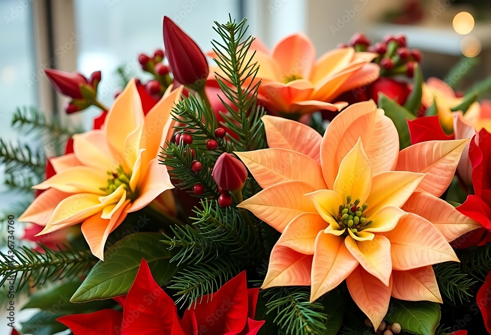 Fototapeta premium bouquet of orange and red flowers sitting on top of a table