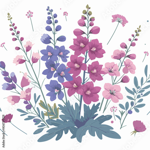 larkspur, flower, blossom, plant, floral, botanical, nature, isolated, illustration, drawing, hand drawn, marigold, graphic, garden, daffodil, vector, rose, art, design, set, summer, background, daisy