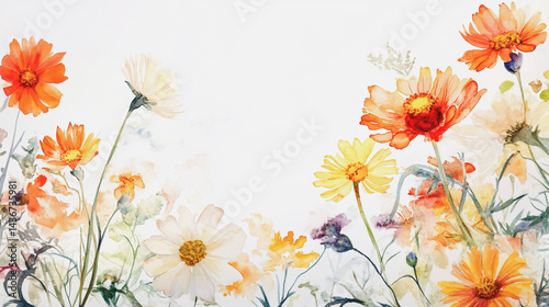watercolor botanical Chamomile flowers texture template background.Elegant wedding invitation card background . Minimal hand painted Design for wedding or Valentine's Day