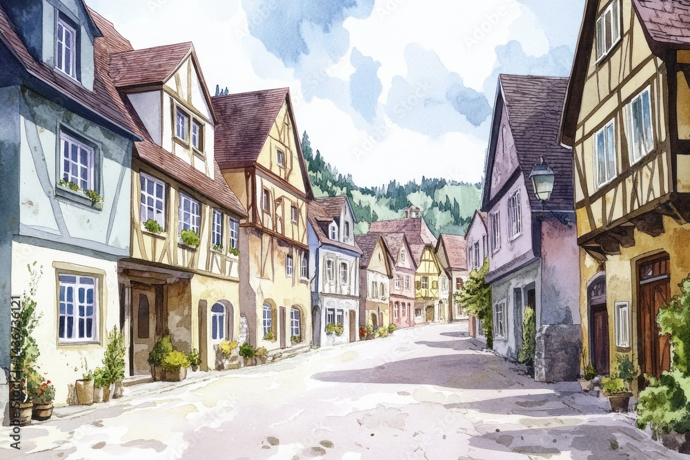 Fototapeta premium Watercolor village: artistic street, charming scene, European touch, architecture scenic alley, rustic beauty, cobblestone path, delicate brushwork, timeless setting, picturesque atmosphere.