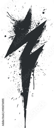 Black grunge lightning bolt symbol with paint splatters on white background for energy or power design