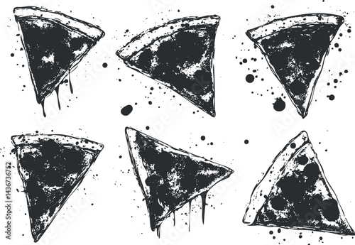 Black and white hand drawn pizza slices with dripping cheese and splatter background illustration