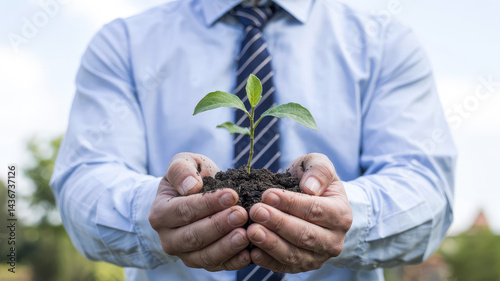 Nurturing Growth: A symbol of sustainability and hope, a businessperson cradles a delicate seedling in their hands. This image speaks volumes about cultivating a better future.