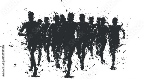 Silhouettes of a group of runners in motion running forward in a dynamic and energetic race scene.