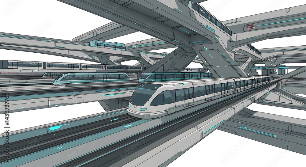 Obraz premium Futuristic elevated train system with multiple tracks and sleek white trains in a complex design