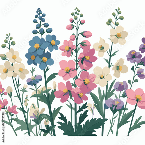 larkspur, flower, blossom, plant, floral, botanical, nature, isolated, illustration, drawing, hand drawn, marigold, graphic, garden, daffodil, vector, rose, art, design, set, summer, background, daisy