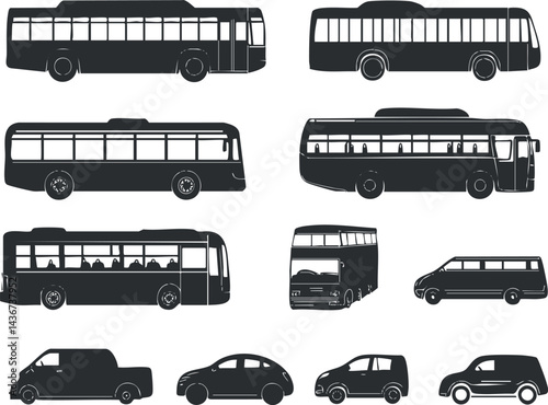 Set of black silhouette icons of various buses and cars representing public and personal transportation modes.
