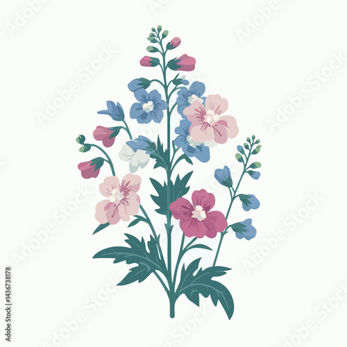 larkspur, flower, blossom, plant, floral, botanical, nature, isolated, illustration, drawing, hand drawn, marigold, graphic, garden, daffodil, vector, rose, art, design, set, summer, background, daisy