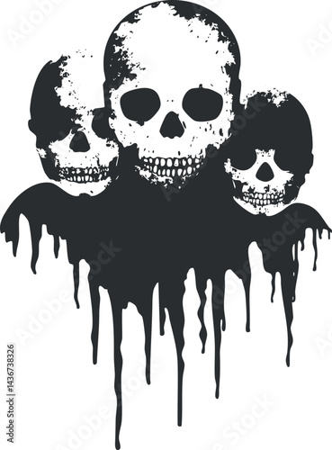 Illustration of three dripping black and white skulls with a spooky and eerie horror theme