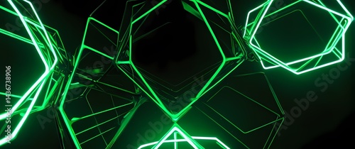 Abstract background of glowing interconnected hexagons pulsating rhythmically in neon green and black