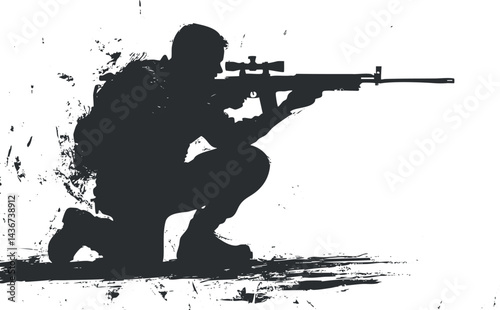 Silhouette of a soldier in a crouched position aiming a sniper rifle with a scope on a white background with grunge effects.