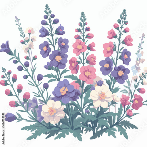 larkspur, flower, blossom, plant, floral, botanical, nature, isolated, illustration, drawing, hand drawn, marigold, graphic, garden, daffodil, vector, rose, art, design, set, summer, background, daisy