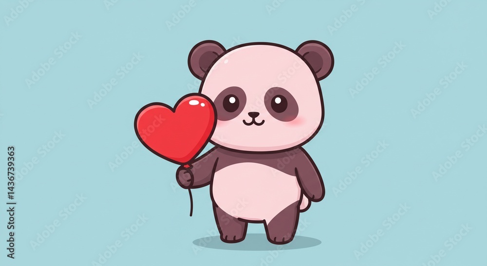 Naklejka premium Adorable Cartoon Panda Holding Red Heart Balloon Cute Valentine s Day Illustration