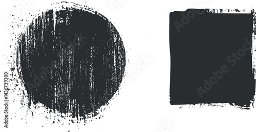 Grunge textured black circle and square shapes with distressed rough design isolated on white background