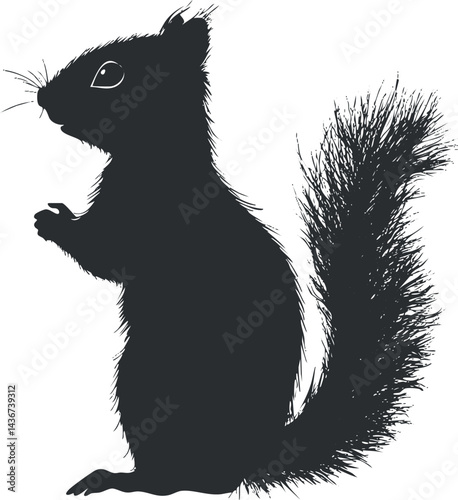 Silhouette of a black squirrel with a bushy tail standing on hind legs isolated on white background