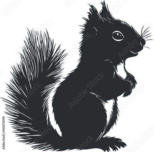 Black and white silhouette illustration of a squirrel standing with a bushy tail and detailed fur