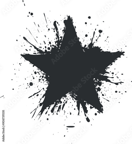 Black grunge star shape with paint splatter effect isolated on white background