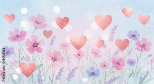 Pastel floral background with hearts