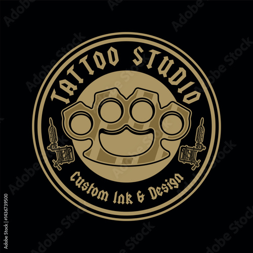 Tattoo studio emblem with brass knuckles and tattoo machines. Classic vector illustration in retro style, perfect for badges, t-shirt prints and tattoo related designs
