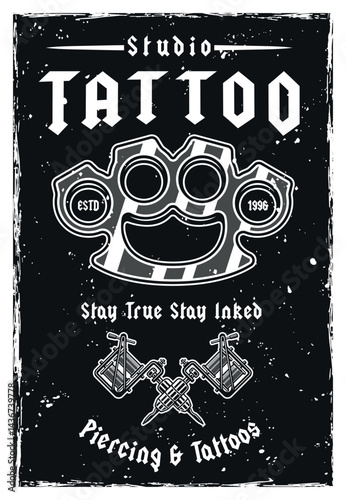 Vintage tattoo studio poster vector illustration with classic tattoo machines, skull, and bold typography. Perfect for tattoo shop branding, retro designs, and artistic emblem creation