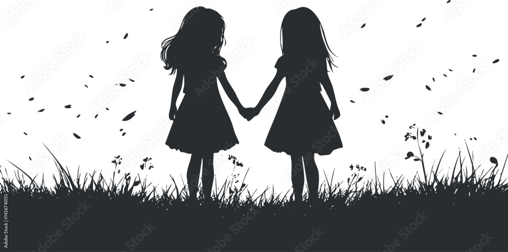 Naklejka premium Silhouette of two young girls holding hands standing in grass with flowers in natural outdoor setting