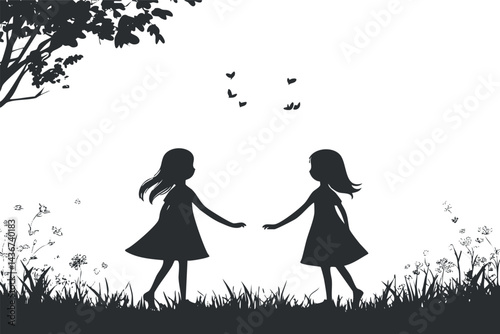 Silhouette of two girls playing outdoors in a grassy field with butterflies and tree branches.