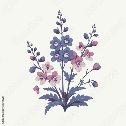 larkspur, flower, blossom, plant, floral, botanical, nature, isolated, illustration, drawing, hand drawn, marigold, graphic, garden, daffodil, vector, rose, art, design, set, summer, background, daisy