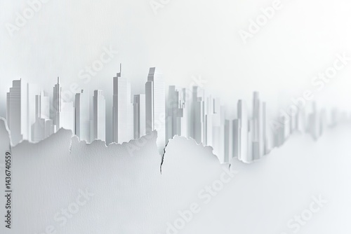 Abstract city skyline, paper cut design.  A minimalist, 3D paper cut illustration depicts a city skyline.  The architecture is stylized and the city is subtly fractured, 