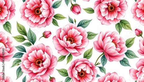 Fototapeta Naklejka Na Ścianę i Meble -  This seamless watercolor pattern features delicate pink peonies in full bloom, gracefully cascading across a crisp white background.