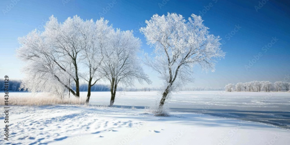 Fototapeta premium A Serene Winter Landscape Featuring FrostCovered Trees and a Beautiful Frozen Lake